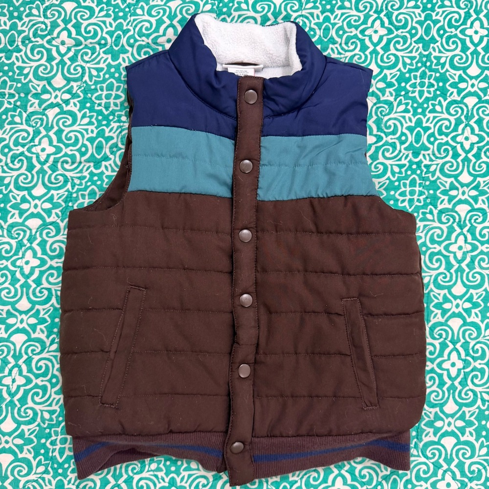 Tommy Bahama Kids Puffer Vest Colorblock Sherpa Lined Brown Navy Teal Size S 5/6